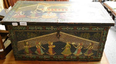 Lot 1567 - An Indian ebonised marriage box of rectangular form, painted with lovers and attendants, 63cm wide