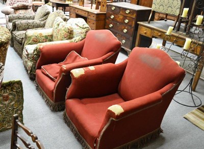 Lot 1592 - Pair of armchairs with floral needlework upholstery and three red upholstered armchairs