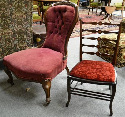 Lot 1593 - Victorian walnut framed nursing chair and an Edwardian ladder back chair with red velvet seat