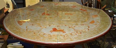 Lot 1615 - A mid 20th century shield shape centre table, the top decorated in gilt with the signs of the...