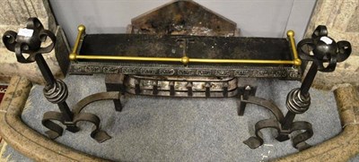 Lot 1625 - Wrought iron grate, andirons and a small fender