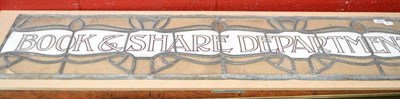 Lot 1642 - Leaded glass panel with painted 'Book & Share Department'