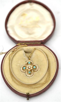 Lot 23 - An early 20th century turquoise and pearl pendant, the stone set pendant in quatrefoil form,...
