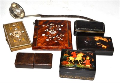 Lot 32 - Two tortoiseshell handled fleams (cased), three snuff boxes, a plated toddy ladle, a mother of...