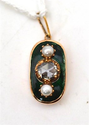Lot 42 - An enamelled, diamond and split pearl pendant, the lozenge shaped drop with a rose cut diamond...