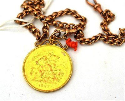 Lot 54 - Gold £5 coin and chain, the 1887 coin with soldered scroll top, hung on a rollerball style...