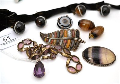 Lot 61 - A small quantity of jewellery, including sardonyx drops and a brooch, a fluorite brooch, a...