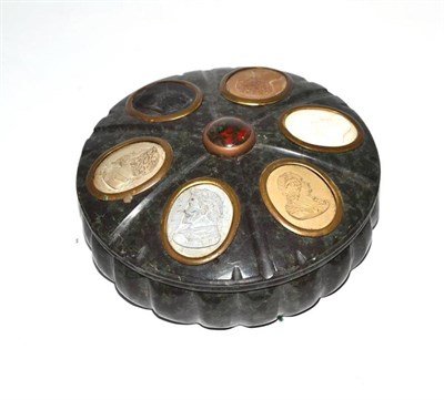 Lot 96 - A 19th century vizigapatam small sewing box, 13cm wide and a 19th century circular hardstone inkpot