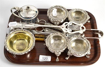 Lot 120 - A set of four Elkington Plate salt cellars, a mustard pot, two pairs of asparagus tongs, a...