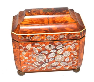 Lot 131 - Tortoiseshell tea caddy with mother-of-pearl inlay (a.f.), 17cm wide