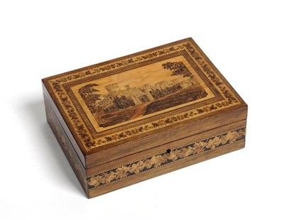 Lot 134 - Tunbridgeware box decorated with a castle, 20cm wide