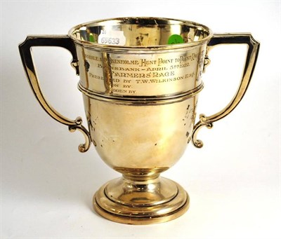 Lot 151 - Silver two handled trophy cup, inscribed, 19ozt, 18cm high