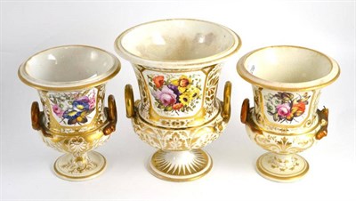 Lot 163 - Composite set of three early 19th century Derby porcelain floral urns, 20cm and 17cm high