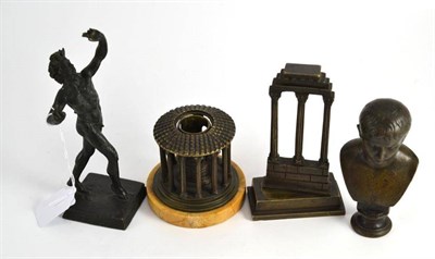 Lot 182 - A 19th century bronze small model of the temple of Castor and Pollux, 14cm high, a similar model of