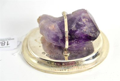 Lot 188 - Amethyst stone on silver mount, Sheffield, 1929, 6cm high