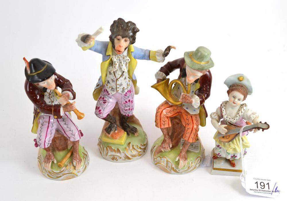 Lot 191 - A set of three Dresden monkey band figures, tallest 18cm high and a Carl Thieme figure of a...