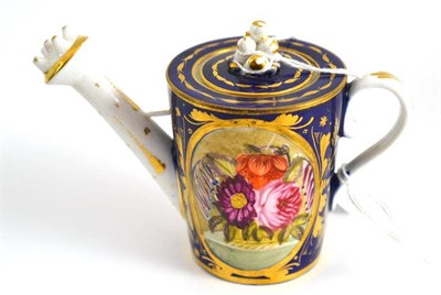 Lot 193 - A Bloor Derby lavender water can and cover, with floral panel decoration, on a blue and gilt...