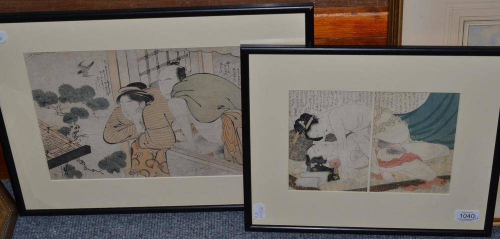 Lot 1040 - Four Japanese Shunga woodblock prints, 19th century, the largest 24cm by 37cm