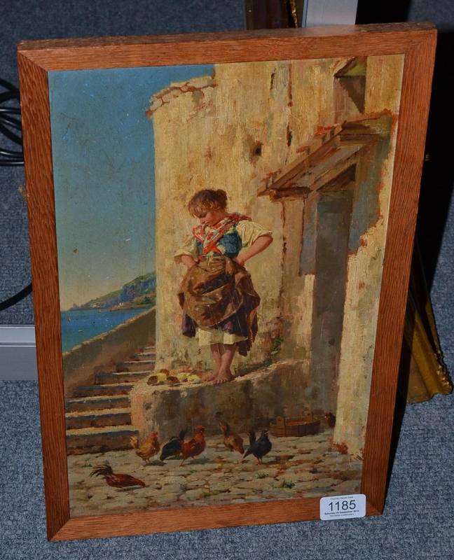 Lot 1185 - Attributed to Gaetano Capone (1845-1920) Feeding the chickens, oil on panel, 39cm by 23.5cm