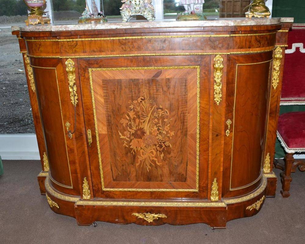 Lot 1574 - Victorian walnut and floral marquetry credenza with marble top, 170cm wide