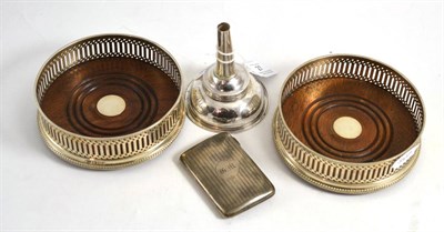 Lot 27 - A pair of silver bottle coasters, London 1990, a Georgian silver wine funnel (worn marks) and a...