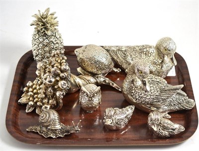 Lot 33 - ^ A large Italian silver plated duck, a pair of Italian white metal duck ornaments, pair of smaller