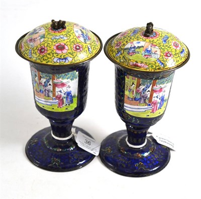 Lot 36 - A pair of late 18th/early 19th century Chinese enamel goblets and covers, the domed covers with...