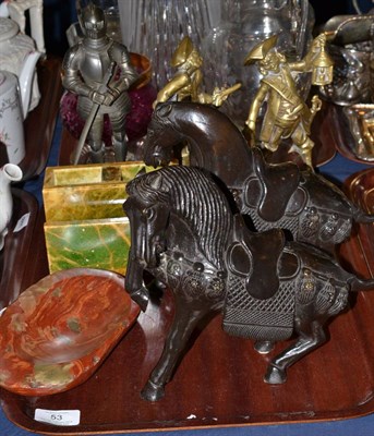 Lot 53 - ^ Pair of bronze horses on mahogany plinth bases, pair of brass ornaments, onyx ashtray and...