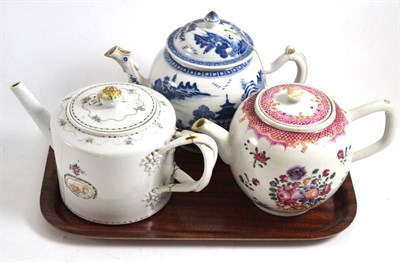 Lot 56 - An 18th century Chinese porcelain teapot and cover with famille rose decoration, a similar blue and