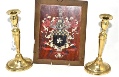 Lot 65 - A Georgian painted mahogany armorial panel to the Hobson family and a pair of Georgian brass...