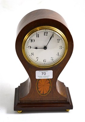 Lot 70 - An Edwardian mahogany inlaid balloon mantel timepiece, enamel dial with Arabic numerals, single...