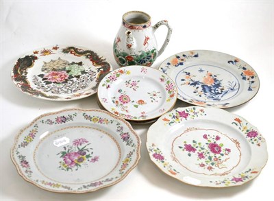 Lot 81 - Five famille rose plates (a.f.), a Japanese plate and a Kangxi famille verte coffee pot (a.f.) (7)