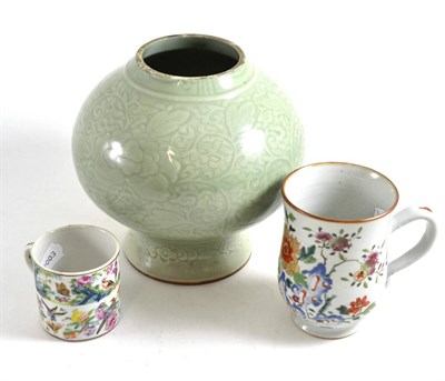 Lot 88 - A Chinese celadon baluster vase (a.f.), a Chinese famille rose baluster mug and a coffee can (3)