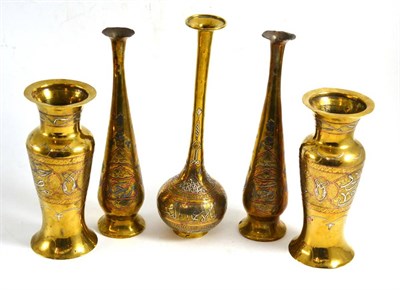 Lot 89 - A pair of brass Cairo ware baluster vases 20cm high; a pair of similar specimen vases, 26.5cm...