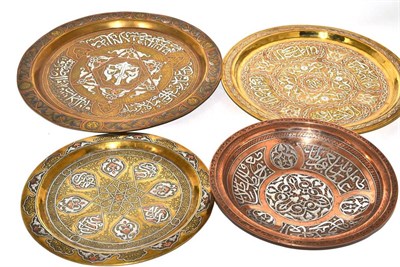 Lot 93 - A signed Cairo ware copper and silver dish, 25cm in diameter, three  Cairo ware brass chargers...