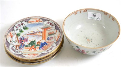 Lot 99 - Three Mandarin palette dishes, another and a small famille rose bowl (5)