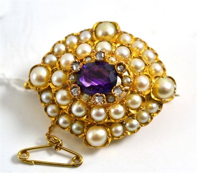 Lot 101 - An amethyst, diamond and split pearl brooch, of lozenge form, in yellow crimped settings,...