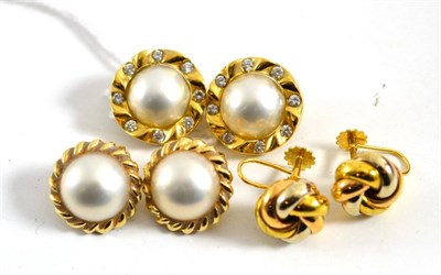 Lot 102 - Three pairs of earrings, including a pair of 18ct gold mabe pearl and diamond earrings, total...