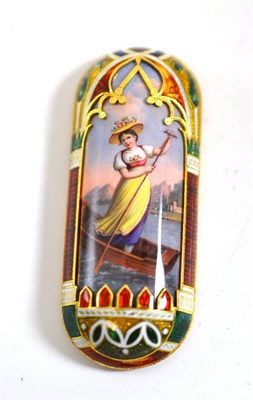 Lot 117 - An enamelled jewellery plaque (incomplete), decorated with a maiden in a gondola, in a...