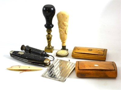 Lot 123 - Two snuff boxes, a scout whistle, pastry marker, penknife, bone seal, two sewing items and a silver