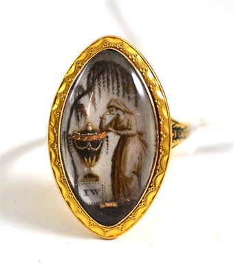 Lot 128 - A mourning ring, of sepia painted ivory in a lozenge form, depicting a maiden at an urn below a...