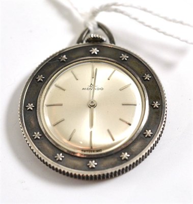 Lot 131 - An unusual silver pendant watch, signed Movado, 1963, lever movement, silvered dial with baton...