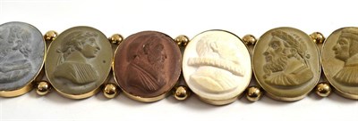 Lot 143 - A lava bracelet, seven panels each depicting assorted portraits, length 16.5cm,   NB one panel...