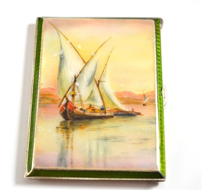 Lot 156 - Silver and enamel cigarette case with boating scene