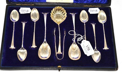 Lot 176 - A silver cased set of teaspoons, tongs and sifter