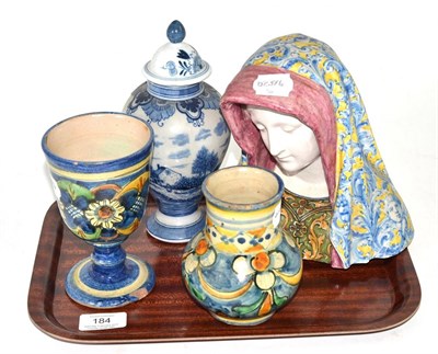 Lot 184 - Tin glazed bust of the Madonna, a Maiolica goblet, Maiolica vase and a Delft blue and white...