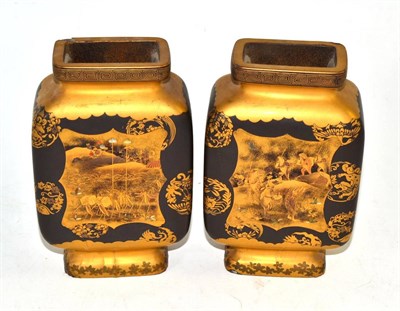 Lot 192 - A pair of shibayama squat rectangular vases, 17cm high