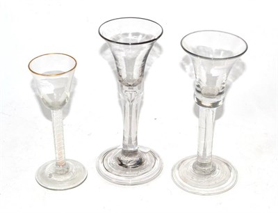 Lot 194 - Two 18th century wine glasses with plain stems and an opaque twist glass (3)