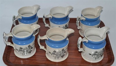 Lot 201 - Set of six 19th century pearlware Masonic jugs, inscribed ";UNION LODGE CARLISLE No. 389";,...