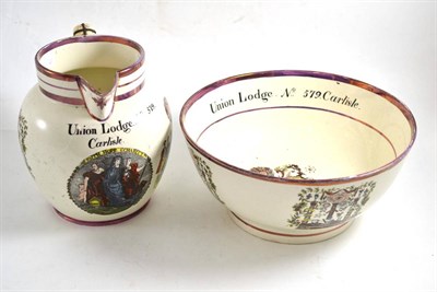 Lot 203 - An early 19th century Sunderland pink lustre Masonic jug and bowl set, inscribed ";UNION LODGE...